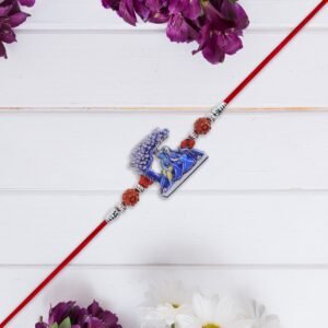 Radha Krishna Rakhi Under Tree Design With Rudraksha  Red Mauli Thread